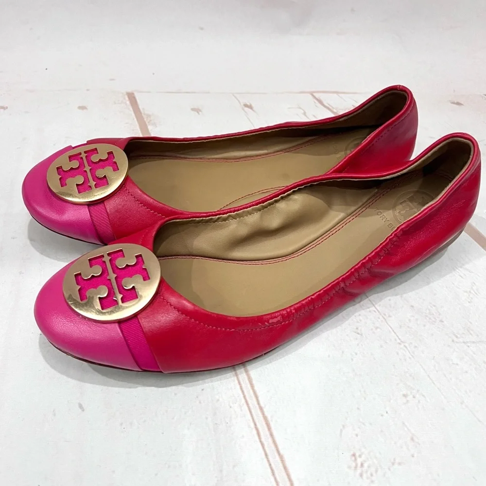 Tory Burch Cap Toe Colorblock Nappa Leather Minnie Ballet Flats Red Azalea Pink